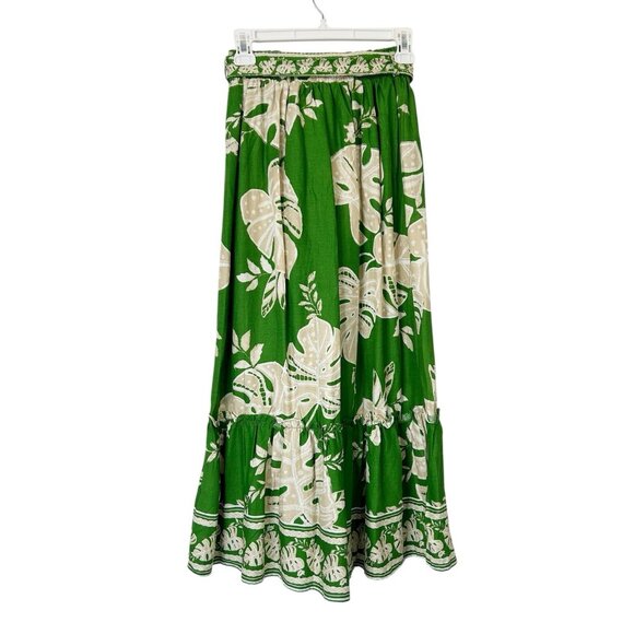 NEW Rachel Zoe Linen Midi Maxi Skirt Women’s Size XS Green Tropical Tie Waist - Picture 2 of 9